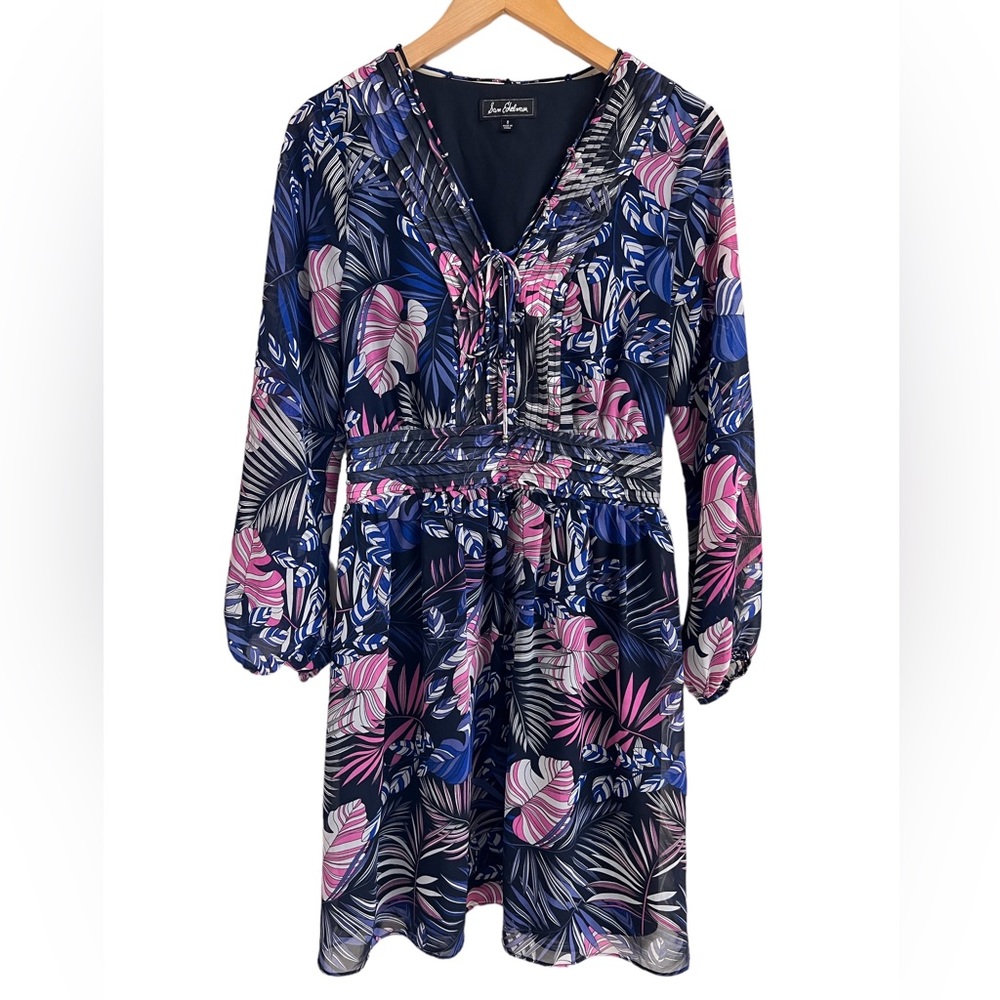 SAM EDELMAN Size 8 Tropical Flowy Lined Mini Dress Resort Wear Long Sheer Sleeve - Picture 2 of 13